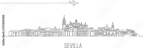 Seville Skyline Line Art with Airplane and Travel Icon