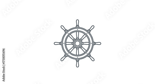 Vintage nautical ships helm wheel with eight spokes isolated black and white line art illustration.