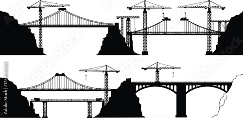  Bridge construction stages, suspension bridge, cable-stayed bridge, arch bridge, engineering process, infrastructure development, cranes, scaffolding, civil engineering, vector illustration, editable