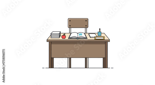 A classic wooden teachers desk and chair with books an apple and school supplies.
