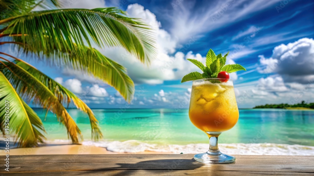 Obraz premium Tropical Paradise Cocktail Refreshing Beverage on Wooden Table with Ocean View