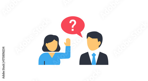 Illustrated Woman Raising Hand Questioning Man Red Speech Bubble.