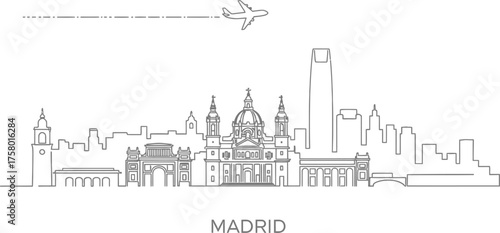 Madrid Skyline with Airplane Flying Overhead Line Art