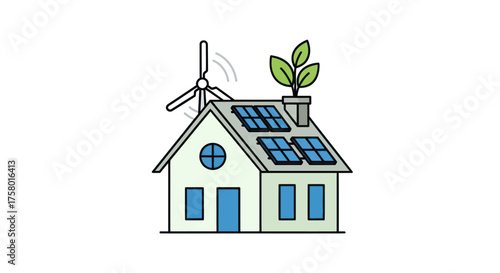 Eco-friendly house with solar panels and wind turbine.