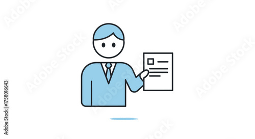 A stylized illustration of a man in a suit holding a document.
