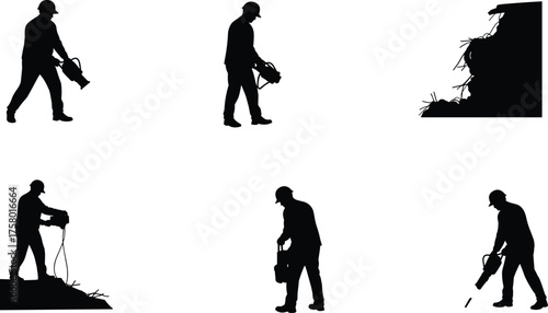  Chainsaw operator silhouette set, cutting poses, safety gear, tree trimming, wood cutting, vector illustration for forestry, logging, and equipment usage content