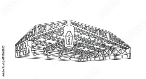 Wireframe architectural drawing of a large industrial warehouse structure.