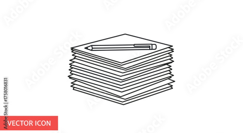 Stack of Paper Sheets with Pen Line Art Illustration.