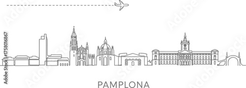 Pamplona Skyline Vector with Airplane and Clouds