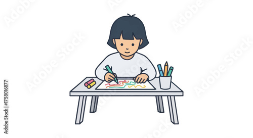 Young Girl Drawing with Colored Pencils at a Table.