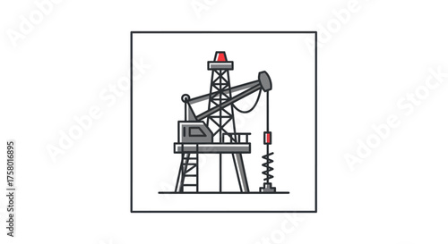 Flat design oil drilling rig illustration with pumpjack.