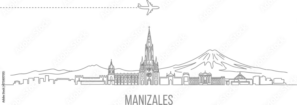 Fototapeta premium Manizales Skyline with Airplane and Mountains Line Art