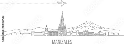 Manizales Skyline with Airplane and Mountains Line Art