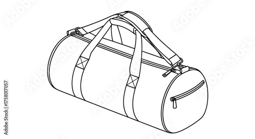 Line Art Drawing of a Cylindrical Duffel Bag with Handles.