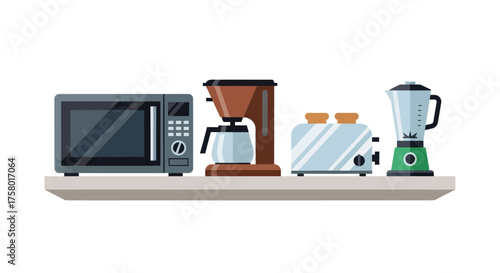 Kitchen Appliances: Microwave Coffee Maker Toaster and Blender on a Shelf.