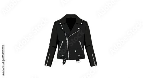 Black Leather Biker Jacket with Silver Zippers and Studs.