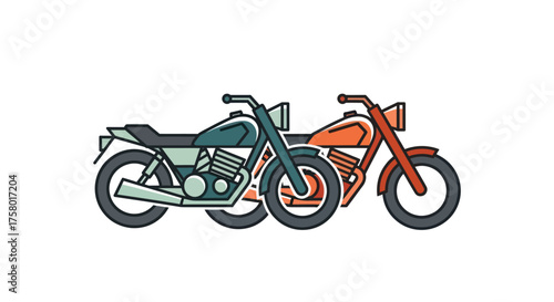 Two Classic Vintage Motorcycles Illustration Green and Orange Side by Side.