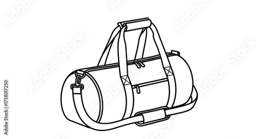 Black and White Line Art Illustration of a Duffel Bag.