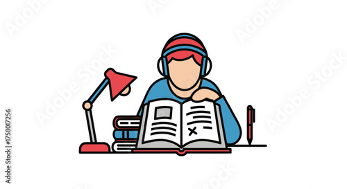 Student Studying with Headphones Books and Lamp.