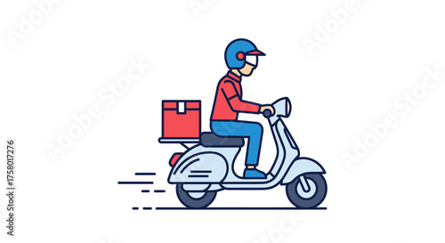 Cartoon Delivery Person Riding Scooter with Red Box.