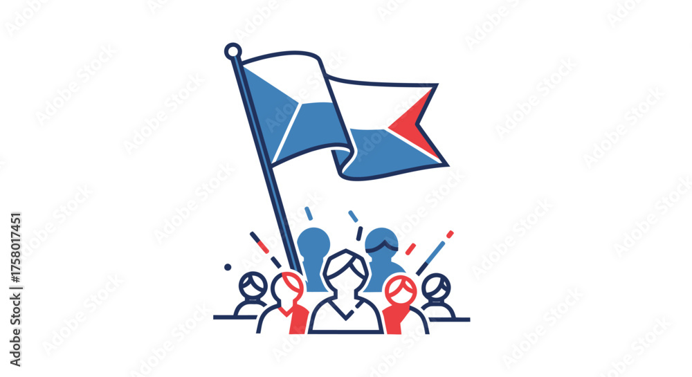 Fototapeta premium Waving national flag with cheering crowd celebrating patriotism illustration.