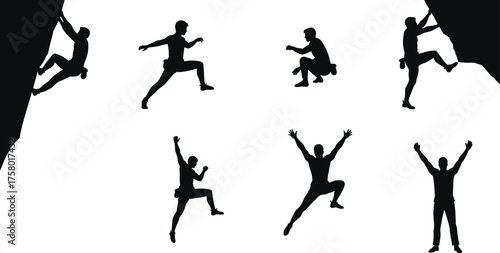 Rock climbing silhouettes vector set showing athletes scaling cliffs, adventure sports poses, teamwork, victory celebration, extreme outdoor lifestyle illustration design