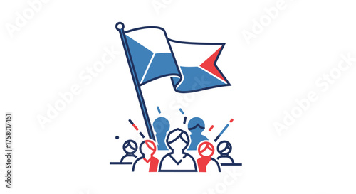 Waving national flag with cheering crowd celebrating patriotism illustration.