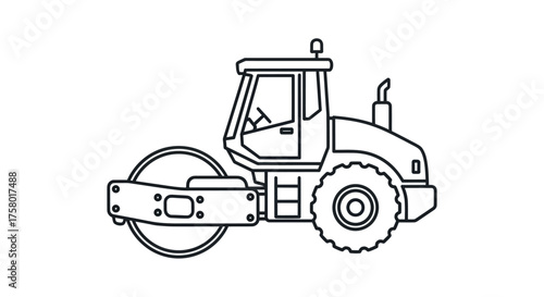 Line art illustration of a heavy-duty road roller construction vehicle.