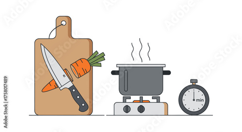 Food preparation illustration: cutting board knife carrot boiling pot on stove and kitchen timer.