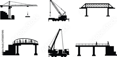 Construction and bridge silhouettes, black vector icons of cranes, scaffolding, infrastructure development, pedestrian bridges, editable illustration, isolated on white background