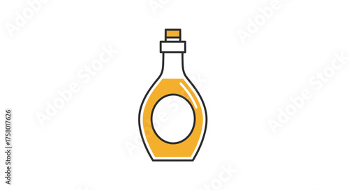 Cartoon illustration of a bottle filled with yellow liquid featuring a circular label area.