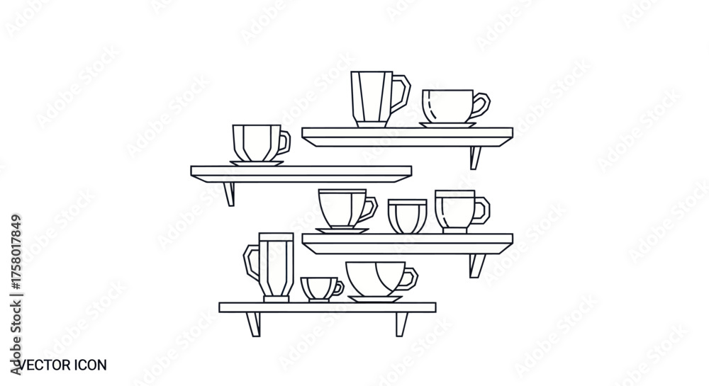 Naklejka premium Cups and Mugs on Shelves Minimalist Line Art Illustration.
