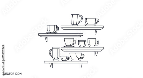 Cups and Mugs on Shelves Minimalist Line Art Illustration.