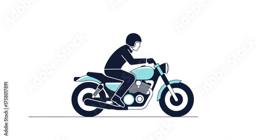 Stylized illustration of a person riding a classic light blue motorcycle with helmet.