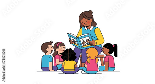 Diverse group of young children attentively listening to a teacher reading a storybook.