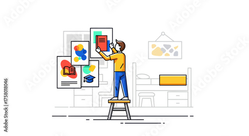 Artist arranging colorful abstract artworks on a white wall.