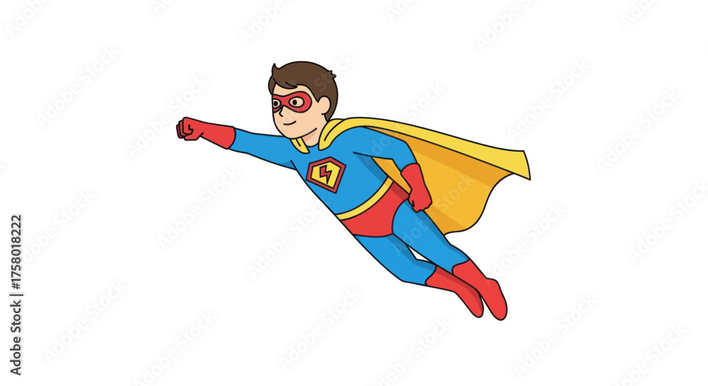 Fototapeta premium Cartoon Superhero Boy Flying with Red Mask and Cape.