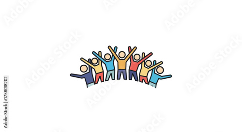 Diverse group of stylized people with raised arms celebrating together.