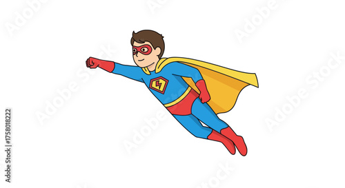 Cartoon Superhero Boy Flying with Red Mask and Cape.
