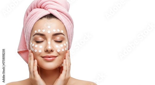 Young woman with towel and facial mask applying skincare isolated on transparent background