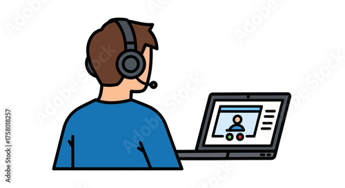 Person in headphones with microphone using laptop for video call.