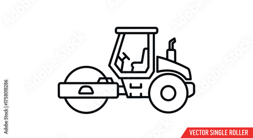 Black Outline Vector Icon of Single Drum Road Roller.