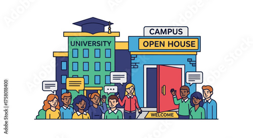 Colorful Illustration of University Campus Open House Event.