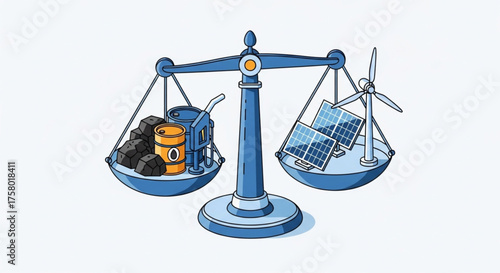 Vector illustration of a scale balancing nature and industry, symbolizing sustainable growth and environmental responsibility.