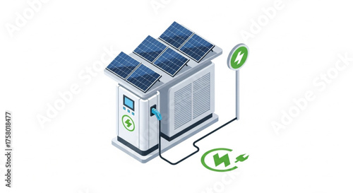 Isometric vector of a solar-powered battery station representing renewable energy storage and clean technology.