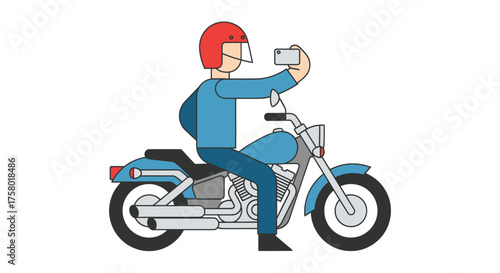 Cartoon man on a blue motorcycle taking a selfie with his phone.
