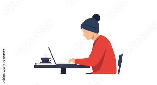 Person wearing a beanie and red sweater working on a laptop at a desk with coffee.