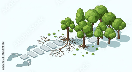 Vector of melting ice and growing trees symbolizing the balance between climate change and reforestation.