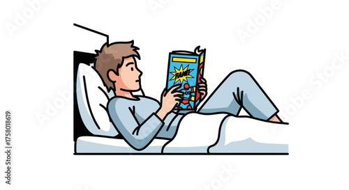 Man Reading Comic Book in Bed Relaxing with a Story.