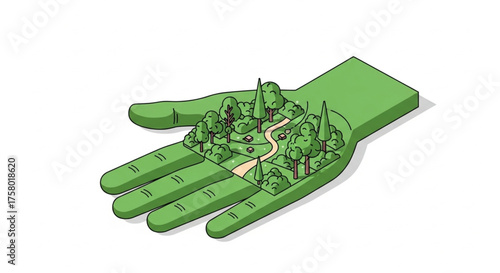 A symbolic illustration of a human hand supporting a miniature eco city with trees and wind turbines, representing care for sustainability.